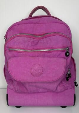 Kipling Sanaa Rolling Backpack Bright Hot Pink Print Telescope Handle